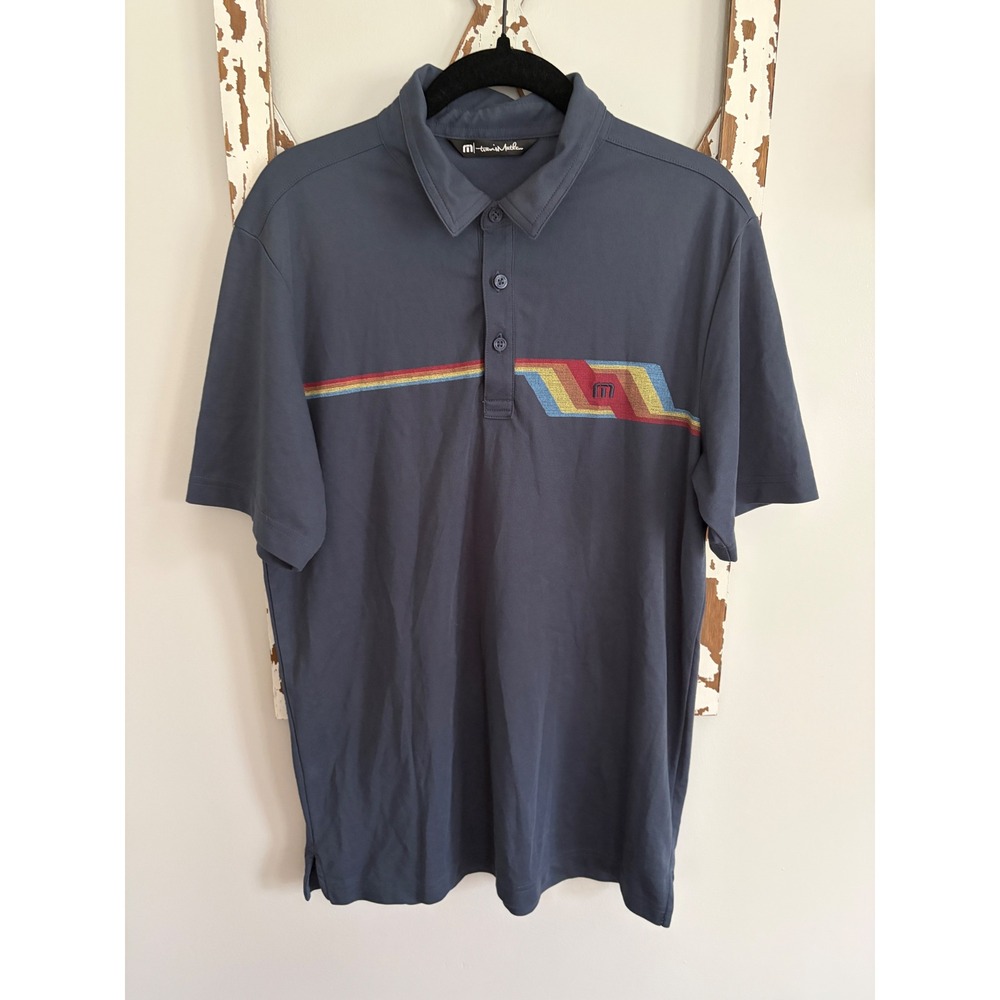 Travis Mathew BYOB Golf Polo Blue Retro Multicolor Chest Stripe Size Medium